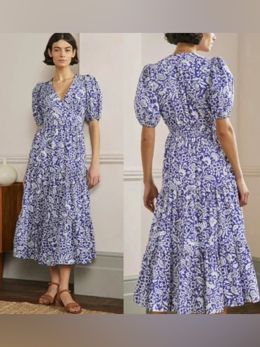 Boden Puff Sleeve Tiered Midi Dress 6 Blue Floral Cotton V Neck - Picture 4 of 11